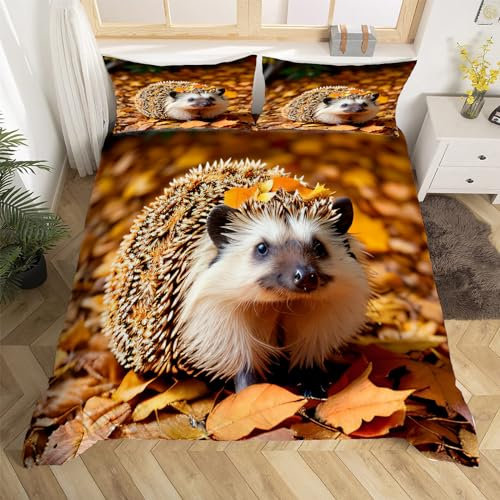 3D Igelmotiv Bettwäsche 135x200 Fallendes Laub Weiche Microfaser Bettwäsche-Sets Bettbezug mit Reißverschluss und 2 Kissenbezug 80x80 cm