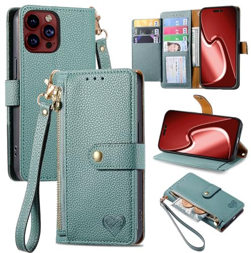 VEEMOS Zipper Wallet Case for Apple iPhone 15 Pro Max Phone Case with Purse Card Holders RFID Blocking Leather Flip Case Book Cover Wrist Strap Women - Green