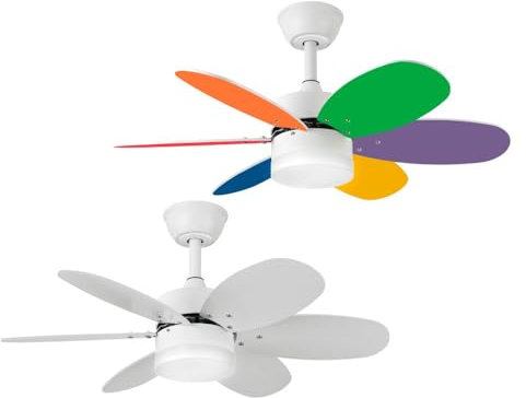 Ventilador techo infantil KIDS blanco y colores vivos reversible | Ventilador techo Bluetooth con luz juvenil pequeño silencioso