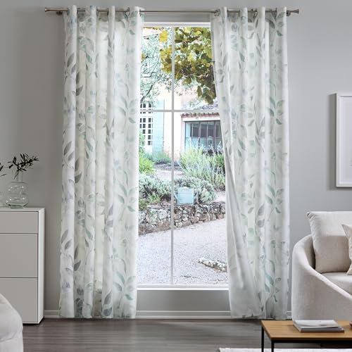 Como Gardinen 2er Set Vorhänge 245 x 140 cm Blau-Grün mit floralem Print - Blickdichte, lichtdurchlässige Ösenschals aus Polyester für Wohnzimmer, Kinderzimmer, Schlafzimmer, Büro