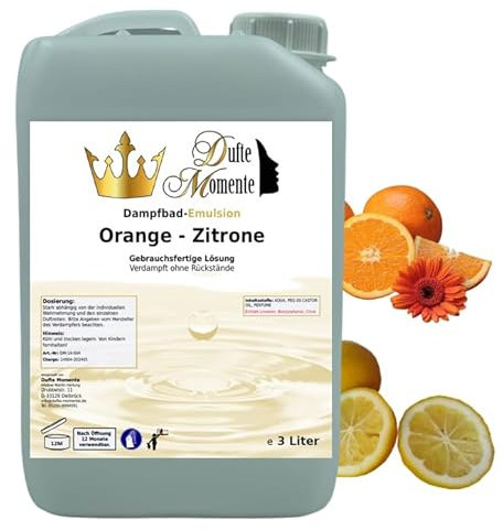 Dufte Momente | Dampfbad Emulsion 3 Liter Orange - Zitrone | geprüfte Qualität | mit naturreinen und natürlichen ätherischen Ölen | gebrauchsfertig | vegan und ohne Tierversuche