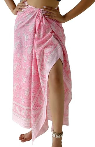 THE ART BOX Paréo 100% Coton pour Femme, imprimé Main Indienne, paréo, Cache-Maillot de Bain Long (185,4 x 109,2 cm), Motif Cachemire Rose., Taille Unique