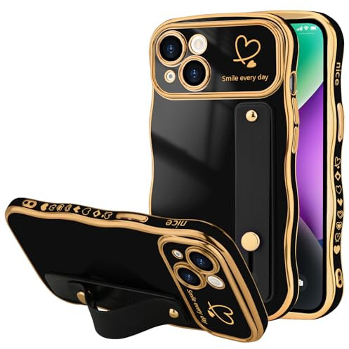 LLZ.COQUE Handyhülle für iPhone 14, Mädchen Curly Wellen Rahmenform Hülle Kameraschutz Schutzhülle Kommt mit Armband Case für iPhone 14, Schwarz (mit Schwarz Armband)