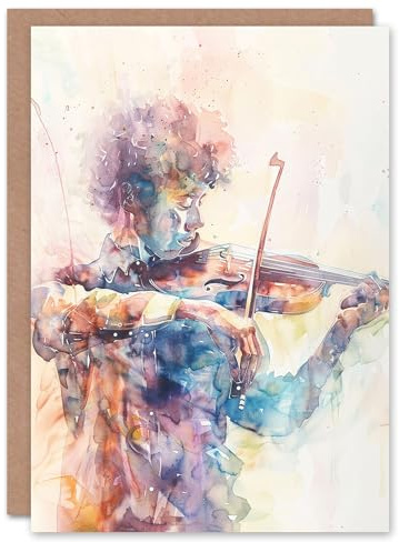 Artery8 Violinist Playing Violin Music Pastel Watercolour Blank For Him Or Her Art Birthday Card