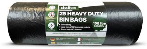 delka Strapazierfähige Müllsäcke, extra stark, reißfest, für Haushalt, Gewerbe und Garten, auslaufsicher und reißfest, flache Oberseite, umweltfreundlich, recycelbar (100 l, 50 Stück)