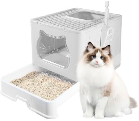 Trintion Cat Litter Box with Hooded, Large Space Foldable Cat Litter Tray, with Slide-Out Tray and Scoop (Grey)