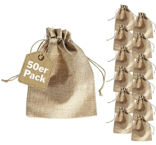 SPRINTIS Jutesäckchen naturfarben, 13 x 18 cm (50 Stück) - reißfeste Geschenkbeutel mit Kordelzug, für Hochzeit, Weihnachten, Deko, Adventssäckchen