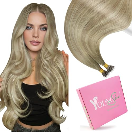YoungSee Nano Beads Hair Extensions Blonde 24 inch 50g 50s Long Hair | Nano Real Hair Extensions Balayage Ash Blonde Ombre Platinum Blonde,Nano Ring Hair Extensions,Cold Fusions for Salon