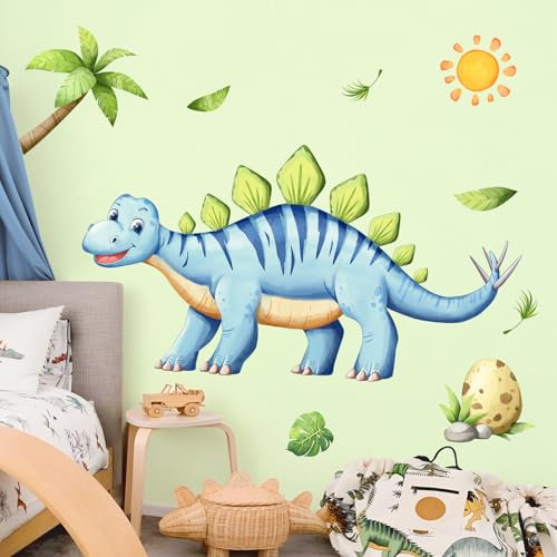 Tanlaby Blau Dinosaurier Groß Wandaufkleber Dino Wandtattoo Kinderzimmer Junge Wandsticker Dschungel Tiere Palmen Wanddeko für Jungen und Mädchen Spielzimmer Babyzimmer