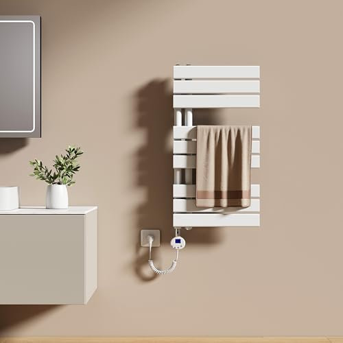 EMKE Scaldasalviette Elettrico con Termostato 76x40 cm, 400W Bianco, Scaldasalviette a Basso Consumo, Resistenza Riscaldante con Timer, Termoarredo Bagno, Scaldasalviette Elettrico Bagno