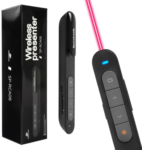 Spacetronik Wireless Presenter mit Laserpointer, 2,4GHz Präsentationsfernbedienung mit 100m Reichweite, Pointer für Präsentationen USB & USB-C, Unterstützung Hyperlink und Lautstärkeregelung