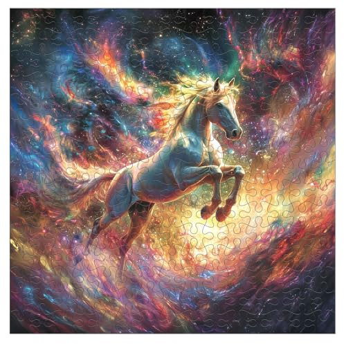 BYHEARTOHOME Wooden Puzzles for Adults - 200 Pieces Nebula Horse Puzzle - Unique Animal Shapes Wooden Jigsaw Puzzles for Adults - Eco-Friendly Home Office Decor (M-11.02 * 11.02in)
