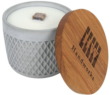 Handworkz | Ugni - Wachsfresser aus Beton Ø14cm mit Dauerdocht | windbeständige Flamme | inkl. Löschdeckel aus Eiche mit Edelstahlplatte | Made in Germany (Grau | Deckel aus Eiche)