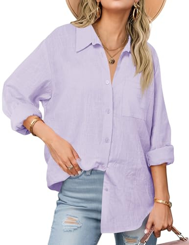 Cicy Bell Blusen Damen Oversized V-Ausschnitt Hemdbluse Langerm Locker Shirts Einfarbig Baumwolle Button Down Oberteil Casual Tops