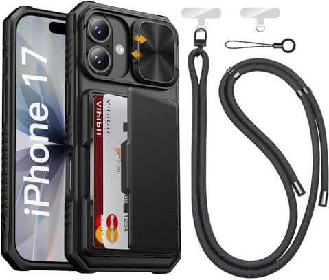 Vihibii for iPhone 17 Case with Crossbody Lanyard Strap, Black | Built-in Card Holder (4 Cards), Slide Camera Lens Cover, RFID Blocking, Heavy Duty, Shockof Case for iPhone 17, 6.3 2025