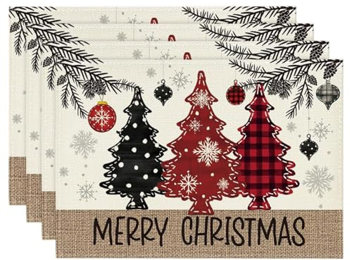 Platzset Weihnachten 4er Set, LMSHOWOWO 30 x 45 cm Weihnachtsbaum Tischset Weihnachten Abwaschbar, Baumwolle und Leinen Weihnachts Tischset für Weihnachtsdeko Tisch Küche Party Deko