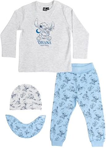 United Labels Disney Lilo & Stitch Baby Set - Ohana Unisex Oberteil Pullover mit Hose, Mütze & Halstuch 4-Teiler Grau/Blau