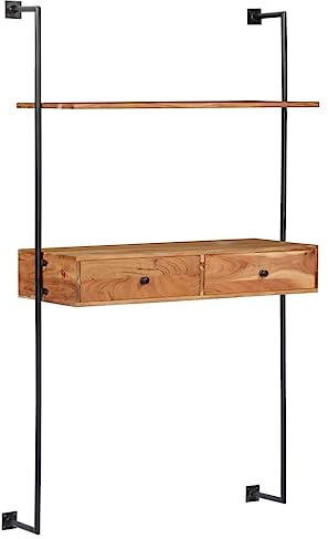 SDWEHO7 Wandschreibtisch mit 2 Schubladen und Einlegeboden, Küchentisch für die Wand, Wandtisch für Wohnzimmer, Schlafzimmer, 90x40x170 cm Massivholz Akazie