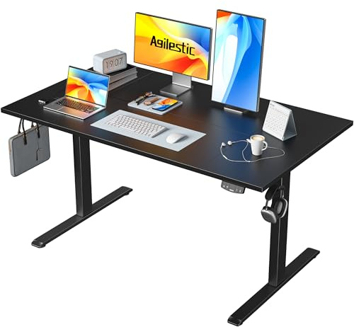 Agilestic Höhenverstellbarer Schreibtisch 140 x 80 cm | Schreibtisch elektrisch mit 2 Speicherplätzen, Stehschreibtisch mit vierteiliger Tischplatte, Computertisch, Schwarz