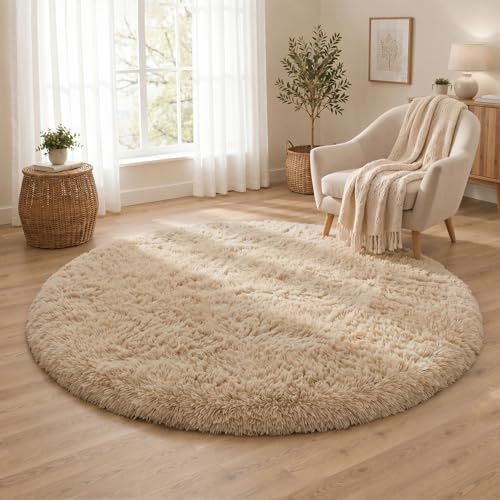 BEIMO Hochflor Teppich Flauschig Beige Teppich Wohnzimmer Rund 100CM Teppiche Schlafzimmer Anti-Rutsch Bettvorleger Teppiche Weich rutschfest für Kinderzimmer