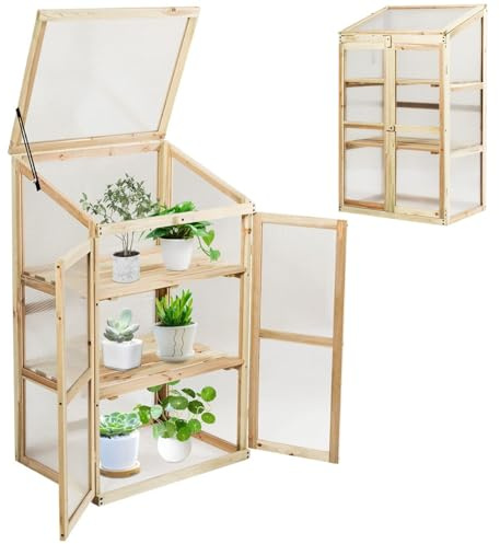 RELAX4LIFE 3 Etagen Frühbeet, Gewächshaus mit 3 Ablagen, Frühbeetkasten Holz Winterfest, Pflanzenbeet mit 2 Türen & Deckel, 60 x 45 x 100 cm, Treibhaus für Garten & Balkon