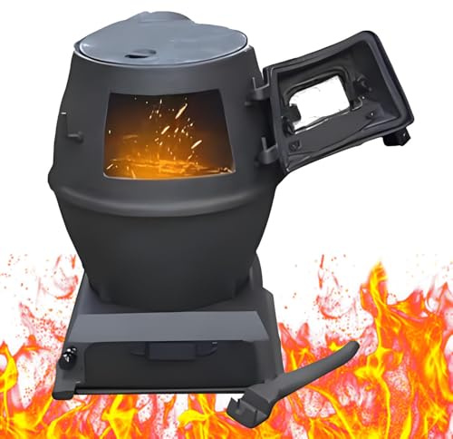 COAKUE Thickened Cast Iron Smokeless Cooker,Pot Belly Stove,with Glass Viewing Window,for Indoor & Outdoor Cooking,Camping,BBQ and Patio Use Small
