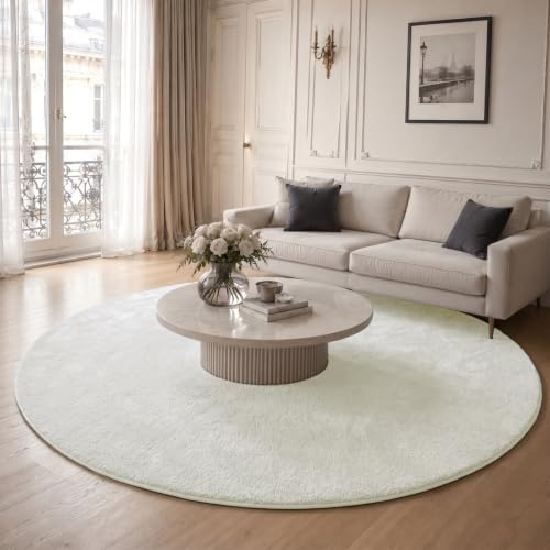 VOUNOT® Teppich Wohnzimmer rund Ø 200 cm, mit rutschfeste Rückseite & Antirutschmatte, Kuscheliger Kurzflor Flauschig Teppiche Gegend für Schlafzimmer Kinderzimmer Esszimmer, Creme