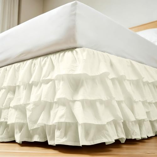 RANJIMA Betthusse mit Rüschen Ruffle, 150x200cm Doppellagige Tagesdecke Höhe 45 cm Rüschenrock zum Umwickeln Bettvolant Volant Betthusse Französischer Stil Geschenke Bettroc für Frauen, Creme
