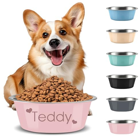 Personalised Dog Bowl Stainless Steel, Custom Engraved Name/Logo，Non-Slip Metal Pet Bowl for Dogs Cats, 3 Sizes(S/M/L), Durable Unbreakable, Easy to Clean, for Puppy/Small/Medium/Large Dogs (Pink)