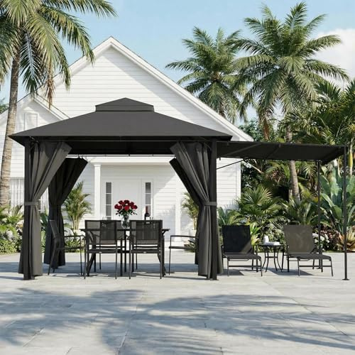 JUMMICO Garten pavillon 3 x 3 m, erweiterbar auf 3 x 4,8 m, mit Verstellbarer Markise, ideal für Garten und Terrasse, zum Entspannen, Grillen und Feiern, mit vierseitigem Stoffbesatz,Grau