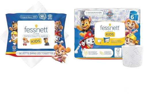 Lot de fess'nett Papier Toilette Humide Kids, 50 Pièces et fess'nett Papier Toilette Sec - Pat'Patrouille 6 x Rouleaux