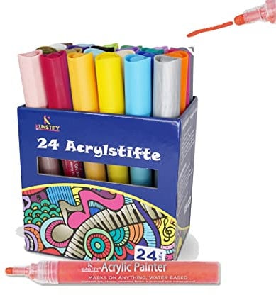 KUNSTIFY Acrylstifte - 24 Farben - 2mm Strichstärke - wasserfest - Marker Stifte - vielseitig anwendbar - Filzstift - für Kinder und Erwachsene