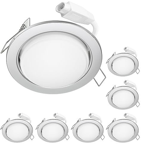 ledscom.de LED Decken-Einbaustrahler RUBA chrom matt je 541lm warmweiß 3-Stufen Dimmen ohne Dimmer rund flach 107mm Ø Loch ca. 83-100mm Ø 7er Set