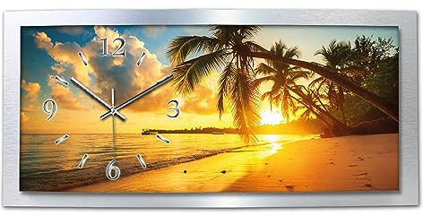 Kreative Feder 3D Designer-Wanduhr Palmen am Strand in modernem Metallic-Design; leise Funkuhr mit Motiv wahlweise in Zwei Größen (Palmen-Strand, 80x40cm; leises Funkuhrwerk)