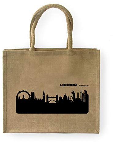 44spaces Große geräumige Einkaufstasche London Skyline - Jute Natur/Schwarz - Stylische Picknick-Tasche Tragetasche zum Einkaufen - Multifunktional Robust Wiederverwendbar Schwere Lasten