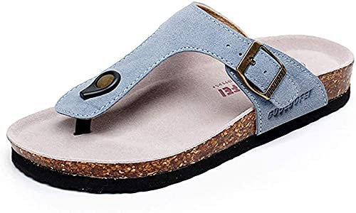Femmes Slide Hommes Liège Semelle Sandales Plates Réglables en Cuir Boucle Décontractée Peep Toe Chaussures Suede Tongs été（Bleu,40/41 EU,41 Taille de la Marque