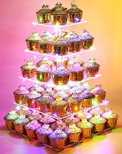 Vdomus Gebäckständer mit 5 Etagen, Acryl, Cupcake-Präsentationsständer mit LED-Lichterkette, Dessert-Baumturm für Geburtstag/Hochzeitsparty