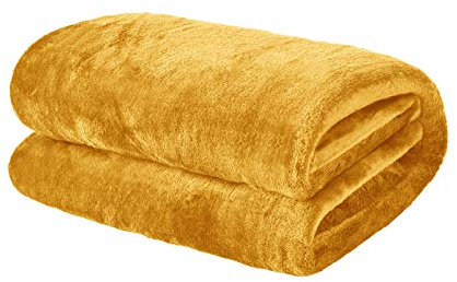 Brentfords Flannel Fleece Blanket for Bed, Super Soft Cosy Warm Ochre Yellow Mustard Throw for Sofa Large Blanket Lightweight Fluffy Double Bed Throw, 150 x 200cm