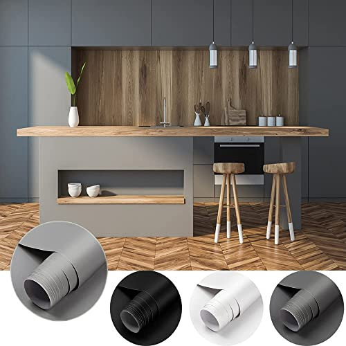 Cahomo 2 Rolls Matt Grey Self Adhesive Wallpaper PVC 61*550cm (WxL) Furniture Stickers Sticky Back Plastic Waterproof Vinyl Film Roll with Scraper DIY Refurbished for Walls Table Kitchen Shelf Liner