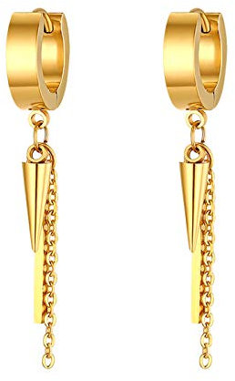 JewelryWe Schmuck Herren Ohrringe Creolen mit Ahle Taper Spitze, Kette und Quader Anhänger Edelstahl Ohr Manschette Ohrstecker Ohrhänger Ohrpiercings für Männer Frauen Gold