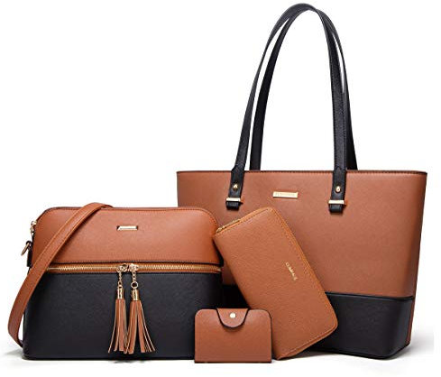 YTL Damen Handtasche Tote Shopper Groß Schultertasche Umhängetasche Geldbörse Kartenhalter Tasche 4-teiliges Set für Büro Schule Einkauf Reise Geschenk Braun schwarz