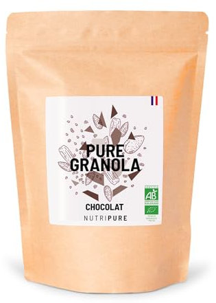 Nutripure | Pure Granola Bio | Muesli Vegan Pépites de Chocolat Noir | Cru, Sans Conservateur, Sans Gluten ni Sucre Ajouté | Artisanal | Riche en protéines et fibres | 350g