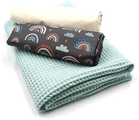 VmG-Store Waffelpique + Baumwollstoff Set farblich abgestimmt Waffel Stoff 100% Baumwollstoff Tex Standard 100 (Regenbögen Pastell Grau Set03)