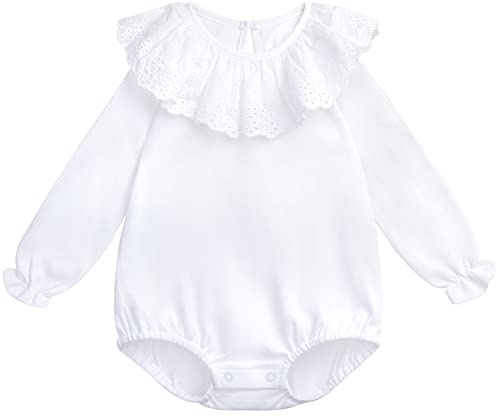 Bebé Niña Niño 100% Algodón Blanco Camisetas de Manga Larga con Volantes en Cuello Cierre de Botón Suave Lindo - Liso Blanco Talla 03/06/09/12/18/24M
