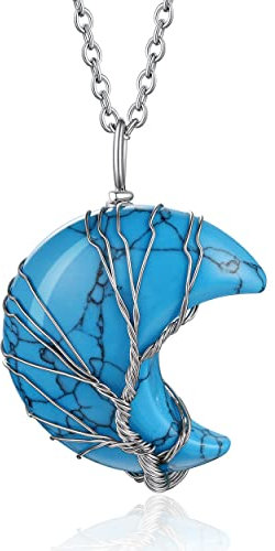 Bestyle Mond Anhänger Damen Herren Baum des Lebens Mond Mondstein Kette Blau Türkis Kristall Halskette Glücksbringer Halsschmuck Liebesgeschenke für Mädchen Mutter
