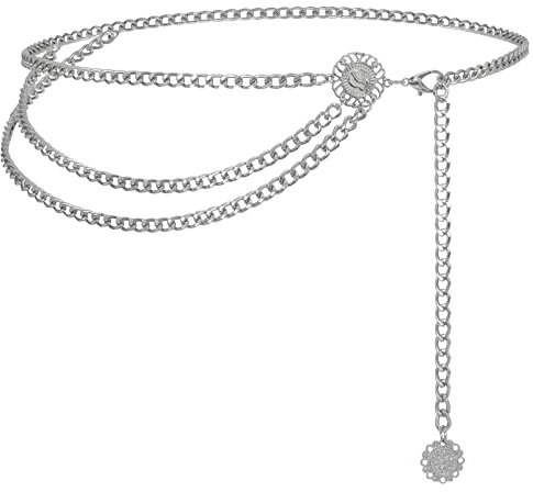 JasGood Mehrschichtiger Taillenkettengürtel Damen Verstellbare Body Link Gürtel für Jeanskleider,Silber,90cm