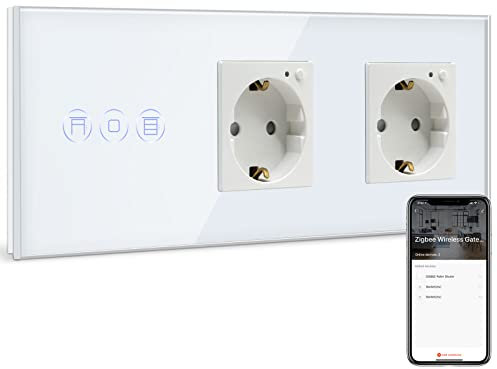 BSEED Smart ZigBee Rolladen Schalter mit doppelte Steckdose, intelligenter Rolladen Unterputz Wandschalter und Steckdose arbeitet mit Alexa und Google Home Weiß(Tuya ZigBee Hub erforderlich)