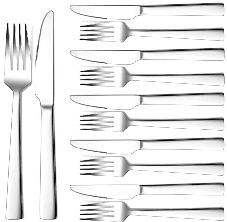 Steakbesteck, Herogo 12-teilig Edelstahl Steakbesteck Set für 6 Personen, Silber Steakmesser und Steakgabeln, Hochwertig Messer Gabeln Set für Pizza/Steak, Rostfrei & Spülmaschinenfest