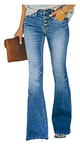 Sawmew 90er Jahre Vintage Knopfleiste Hohe Taille Ausgestelltes Bein Jeans New Skinny Bell Bottom Jeans für Damen High Waist Pull-on Stretch Denim Schlagjeans (Color : Blue, Size : M)