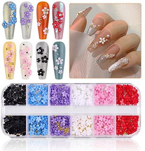 Kalolary Flower Nail Art Charms, 12 Grids 3D Acryl Blumen für Nägel Fünfblättrige Blumenornamente Nageledelsteine Nail Strass Gemischte Metallperlen für DIY Nageldekorationen Schmuck Herstellung
